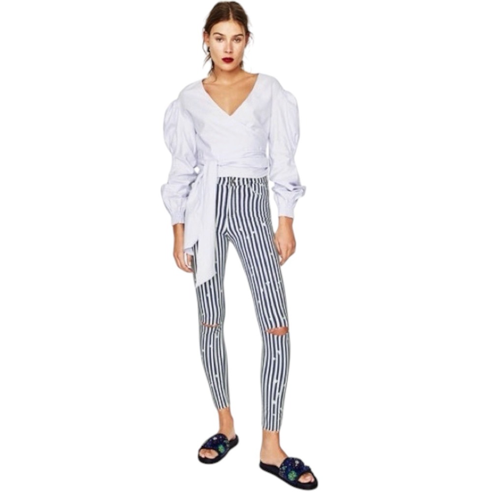 Zara Trafaluc Edgy Striped Bleach Splatter‎ Distressed Skinny Jeans Women's SZ 6
